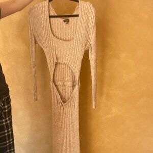 Ribbed Knit Long Sleeve Maxi Dress with Waist Cutout